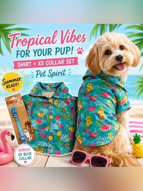 Pet Spirit Dog Shirt Tropical Flamingo Pineapple Turquoise Blue XS Collar Set
